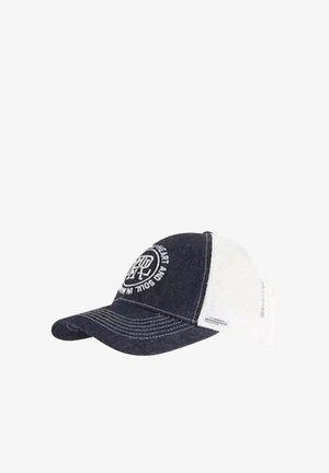 Casquette de baseball en denim avec un dos en mesh blanc, visière courbée et un patch logo rond portant le texte "Heart and Soul" en noir.