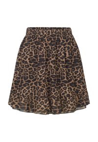 Leopardprint rok met een elastische tailleband, gelaagde ruches aan de onderkant en lichtgewicht, doorzichtig materiaal in bruin- en zwarttinten.