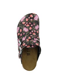 Schwarze Clogs mit floralem Muster in Pink- und Violetttönen. Mit zwei verstellbaren silbernen Schnallen und einer weichen braunen Innensohle.