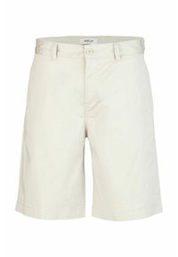 Beige Baumwollshorts mit geradem Schnitt, Knopfverschluss und seitlichen Taschen. Hat ein klares Design und eine glatte Textur.