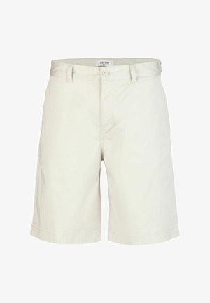 Beige Baumwollshorts mit geradem Schnitt, Knopfverschluss und seitlichen Taschen. Hat ein klares Design und eine glatte Textur.