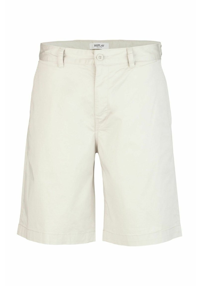 Beige Baumwollshorts mit geradem Schnitt, Knopfverschluss und seitlichen Taschen. Hat ein klares Design und eine glatte Textur.