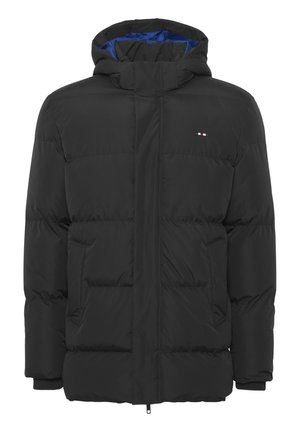Black puffer jacket with a hood, featuring a zippered front, two side pockets, and blue lining. Includes horizontal quilted panels.