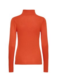 Pull à col roulé à manches longues de couleur orange vif, vu de dos sur fond blanc.