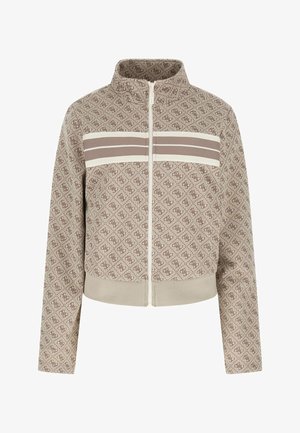 Beige zip-up jacket with high collar, all-over small geometric logo pattern, and two horizontal taupe and cream stripes across the chest.