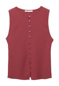 Röd ärmlös topp med en texturerad tyg, med rund halsringning och en rad av sex matchande knappar fram.