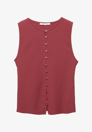 Röd ärmlös topp med en texturerad tyg, med rund halsringning och en rad av sex matchande knappar fram.