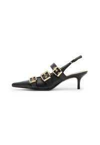 Sorte skinnslingback hæler med spiss tå, tre gullspenner og en slank 5 cm hæl. Glatt tekstur og minimalistisk design.