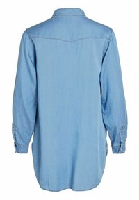 Chemise en denim bleu clair avec col, manches longues avec poignets boutonnés, et ourlet incurvé. Comprend un empiècement dos et des détails de couture.