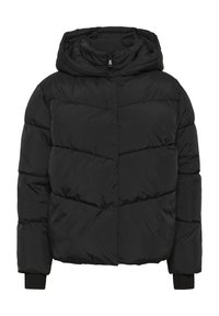 Schwarze Daunenjacke mit Kapuze, ausgestattet mit einem gesteppten Design, Reißverschluss und gerippten Bündchen für zusätzlichen Wärme- und Tragekomfort.