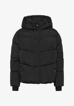 Giubbotto imbottito nero con cappuccio, caratterizzato da un design trapuntato, chiusura con cerniera e polsini a coste per maggiore calore e comfort.