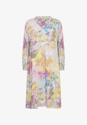 Haljina s V izrezom i rukavima do tri četvrtine u mekanom materijalu, s višebojnim apstraktnim uzorkom u ružičastim, žutim i plavim nijansama.