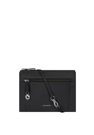 Kompakte schwarze Umhängetasche mit silbernem Reißverschluss, abnehmbarem Riemen und Samsonite-Logo auf der Vorderseite, für den gelegentlichen oder Reisegebrauch entworfen.