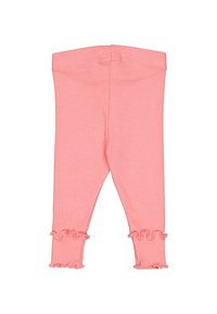 Růžové ribbed bavlněné legíny s volánkovým lemem u kotníků. Elastický pas pro pohodlí, s hladkou texturou po celé délce.