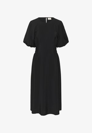 Robe midi noire avec manches courtes bouffantes, encolure ronde et taille froncée.