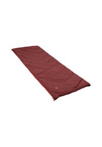 Rode slaapzak met geborduurde textuur, rechthoekige vorm, oranje accenten en ritsdetail aan één kant. Stof lijkt glad en duurzaam.