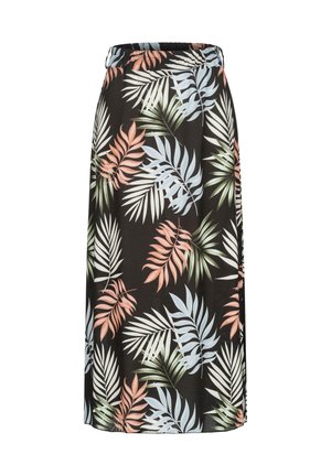 Spódnica kwiatowa z czarnym tłem i kolorowymi wzorami liści w jasnym niebieskim, zielonym, koralowym i białym kolorze. Elastyczny fason w pasie. Długość midi.