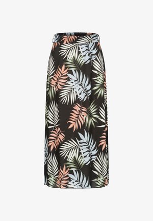 Spódnica kwiatowa z czarnym tłem i kolorowymi wzorami liści w jasnym niebieskim, zielonym, koralowym i białym kolorze. Elastyczny fason w pasie. Długość midi.