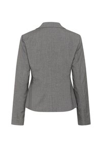 Šedý dámský blazer s úzkým střihem, s jedním zadním rozventem, klopami ve tvaru notu a svislým proužkovaným vzorem. Vyrobeno z texturovaného materiálu.