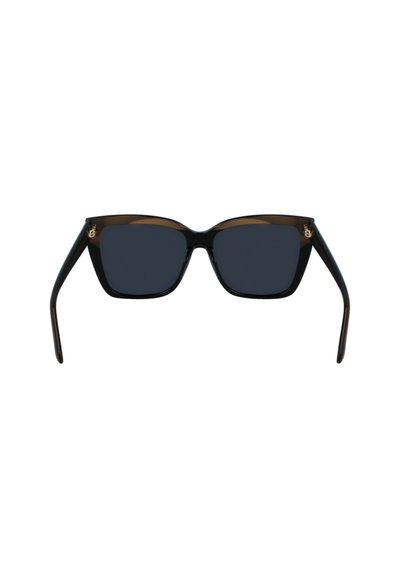 Occhiali da sole in acetato nero e marrone con lenti scure, design a montatura quadrata, caratterizzati da una superficie liscia e dettagli del logo sugli arti.