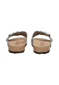 Silver backless sandals with cork footbed and textured rubber sole. Features a double strap with a metallic buckle. Smooth interior lining.