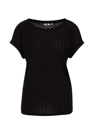 Juodas trumpas rankovėmis viršus su laisvu pritaikymu, pasižymintis tekstūruotu chevrono raštu ir plačia kaklo iškirpte. Pagamintas iš lengvos, kvėpuojančios medžiagos.