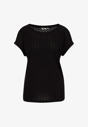 Juodas trumpas rankovėmis viršus su laisvu pritaikymu, pasižymintis tekstūruotu chevrono raštu ir plačia kaklo iškirpte. Pagamintas iš lengvos, kvėpuojančios medžiagos.