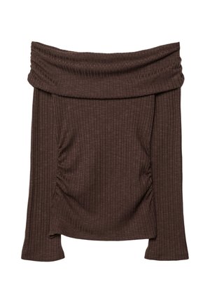 Rjava rebrasta pletena majica brez naramnic z dolgimi rokavi, z nabranimi stranicami in širokim zložnim ovratnikom.