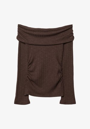 Rjava rebrasta pletena majica brez naramnic z dolgimi rokavi, z nabranimi stranicami in širokim zložnim ovratnikom.