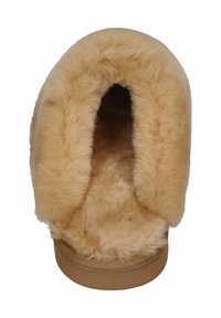 Beige slipper met een zachte, donzige binnenkant en een gladde buitenzool. Rond model met een brede opening en een gestructureerde bodem.