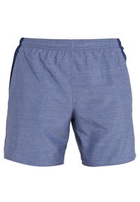 Blå atletiska shorts med resårmidja, med en melerad struktur och kontrasterande mörka sidopaneler.