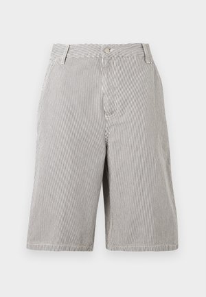 Shorts Bermuda avec fines rayures verticales noires et blanches, fermeture boutonnée à l'avant, passants pour ceinture et poches latérales.