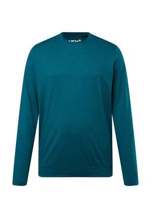 Langärmliger Rundhalsausschnitt-Pullover in Türkis, aus weichem Stoff mit glatter Textur. Dezentes Logo-Detail auf der Vorderseite, tailliert an den Bündchen und am Saum.