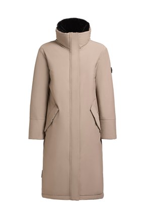 Beige pikk mantel kõrge kaelusega, lukuga küljetaskud ja tekstureeritud must vooder. Sile, isoleeritud kangas ja sirge siluett.