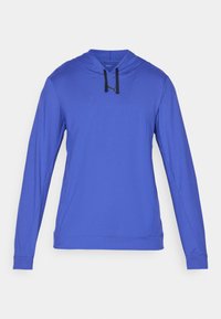 Langarmpullover met capuchon van heldere blauwe stof met zwarte trekkoord, met een soepele textuur en een atletisch ontwerp.