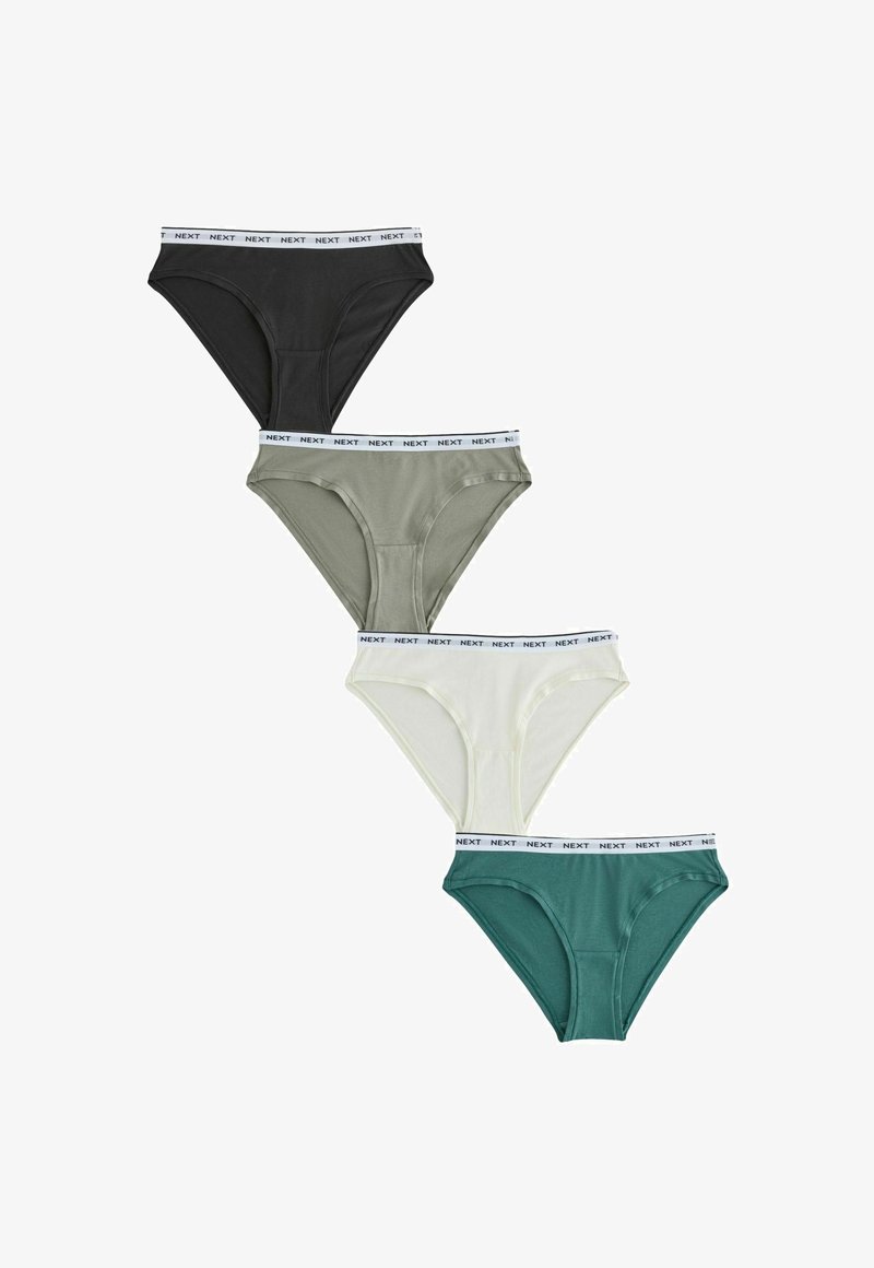 Quatre culottes de bikini pour femmes en noir, olive, crème et sarcelle, chacune avec une ceinture blanche arborant le mot "NEXT" en noir.