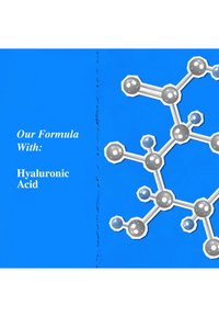 Illustration de la structure moléculaire présentant des sphères grises et bleues reliées par des lignes blanches sur un fond bleu vif, étiquetée "Acide Hyaluronique."