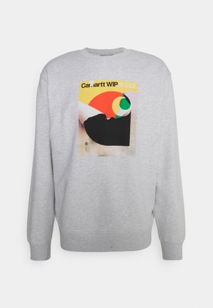 Light gray sweatshirt with a colorful abstract geometric print and "Carhartt WIP S/S22" text on the chest.
