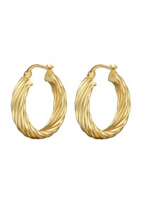 Goldfarbene Creolen mit gedrehtem Design, featuring eine glatte Oberfläche und einen sicheren Verschluss. Sie haben einen Durchmesser von etwa 3 cm.