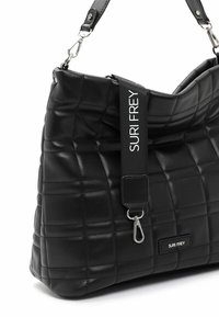 Black quilted handbag made of textured leather, featuring a short strap with logo, silver hardware, and a structured design.