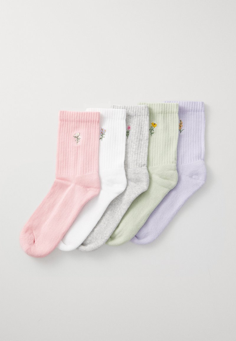 Set of six ankle socks in pink, white, grey, green, and light purple. Each sock features ribbed texture and floral embroidery near the cuff.