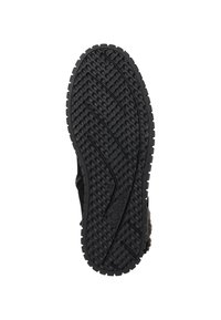 Zwarte rubberen buitenzool met een getextureerd loopvlakpatroon, zigzaggroeven en logo-afdruk. Ontworpen voor grip en stabiliteit. Maat 37 aangegeven.