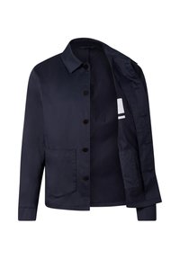 Navy blue button-up jacket with collar, two front pockets, and long sleeves, shown partially open to reveal interior lining and label.