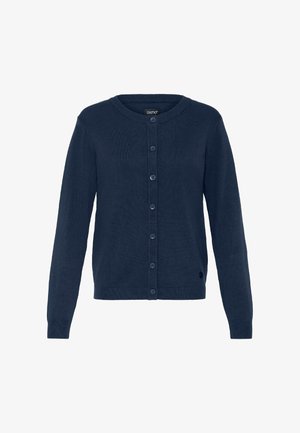 Marineblauer Cardigan aus gerippter Stoff, mit Rundhalsausschnitt, langen Ärmeln und einer durchgehenden Knopfleiste mit passenden Knöpfen.