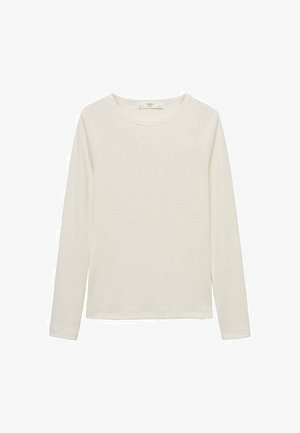 Dlouhý rukáv tričko v barvě slonové kosti z bavlny. Má kulatý výstřih a uvolněný střih. Hladká textura bez viditelných vzorů nebo akcentů.