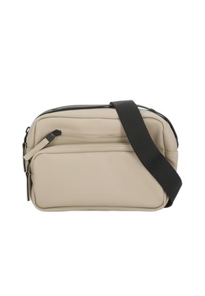 Borsa a tracolla rettangolare beige con due scomparti con cerniera e ampia tracolla regolabile nera su sfondo bianco.