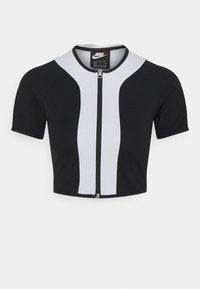 Musta ja vaaleanharmaa lyhythihainen urheilupaita, jossa on lyhyt leikkaus, etuvetoketju ja erottuvat väripaneelit sileässä kankaassa.