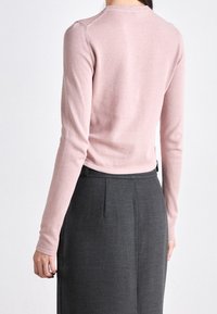 Kobieta nosząca jasnoróżową bluzkę z długim rękawem i ciemnoszary spódnicę z wysokim stanem, widoczna z tyłu na jednolitym tle.