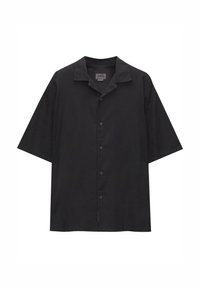 Camicia nera con bottoni, maniche corte, colletto alla coreana, realizzata in tessuto leggero, con silhouette morbida e texture sottile.