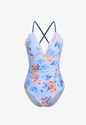 Maillot de bain une pièce de couleur bleu clair avec des motifs floraux. Doté d'une finition en dentelle, de bretelles ajustables et d'un design froncé. Tissu doux et extensible.